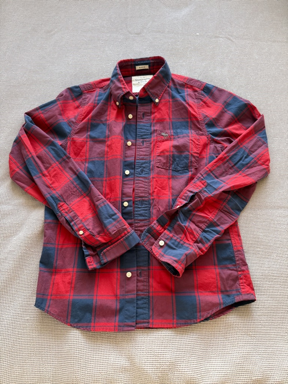 Abercrombie & Fitch Red and Navy Plaid Button-Down Shirt